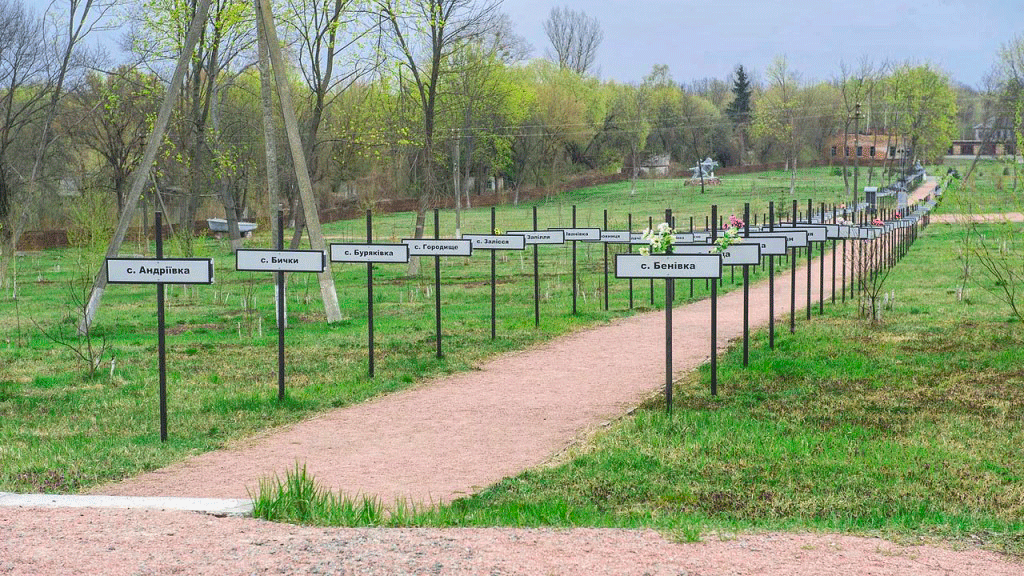 Аллея памяти с табличками сел в Чернобыле